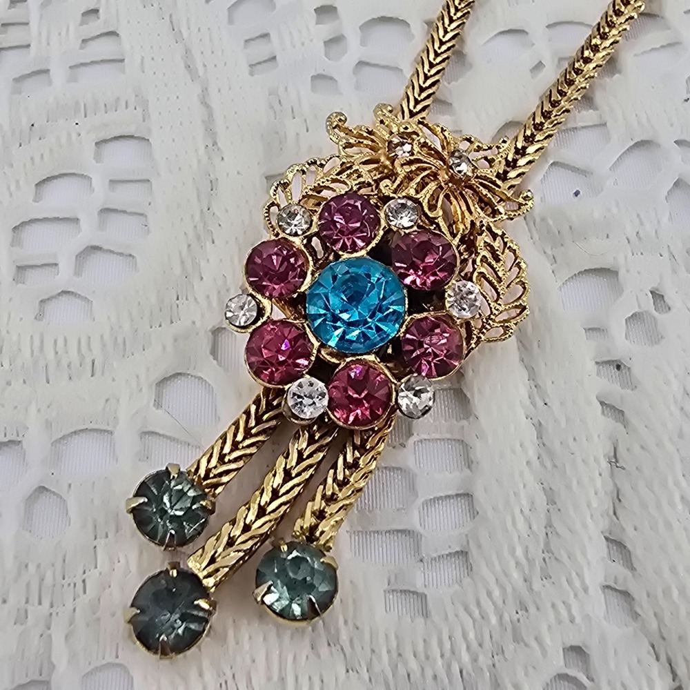 Vintage Rhinestone Lariat Tassel Necklace Gold Tone Blue Pink Floral